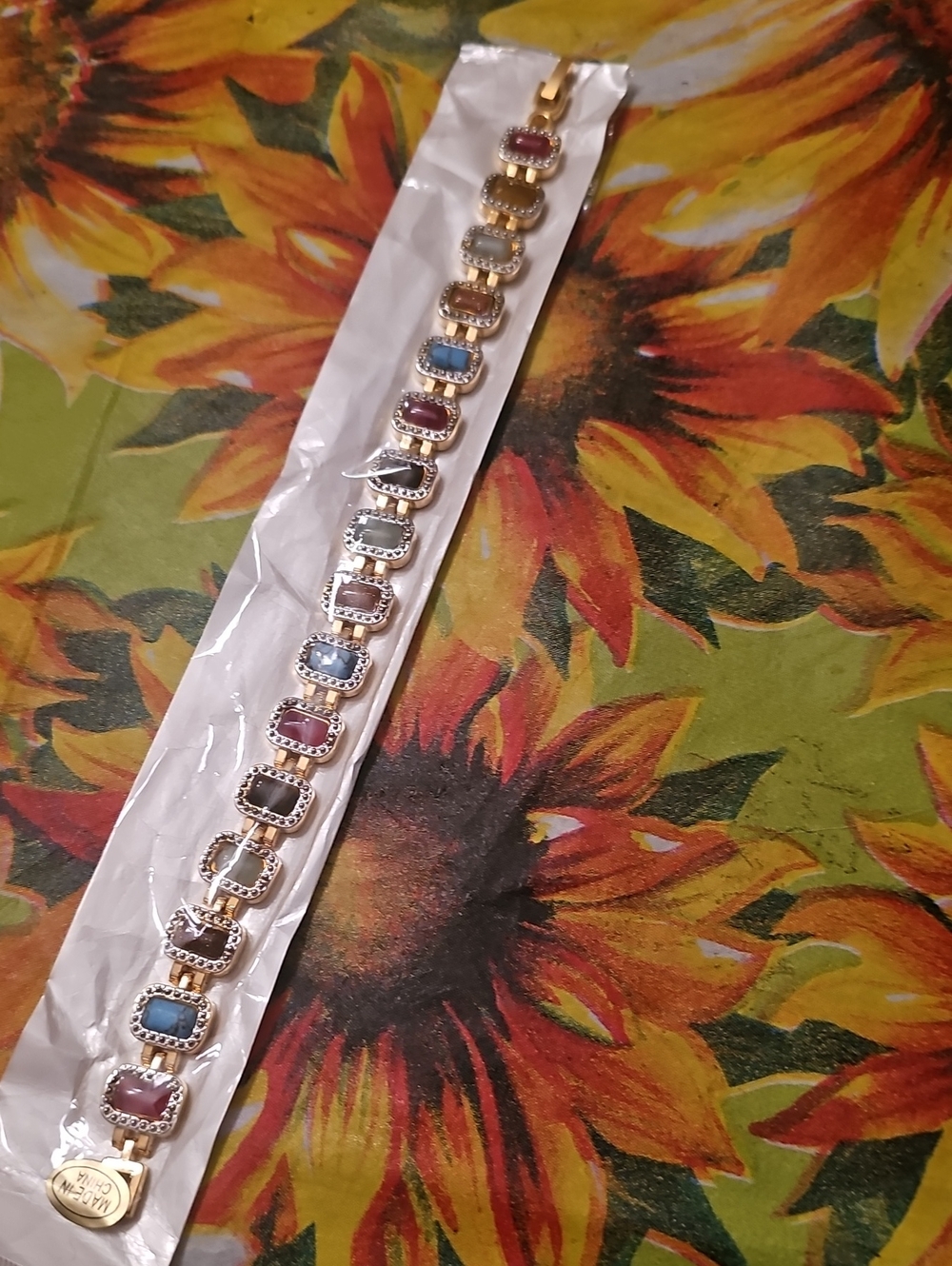 Multicolor Gemstone Link Bracelet in Gold Tone